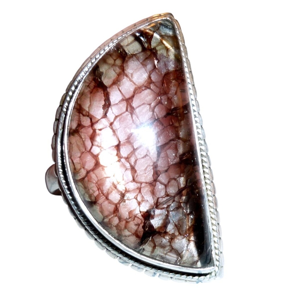 Vintage Gembone Fossil Dinosaur Bone Sterling Silver Half Moon Ring Size 9